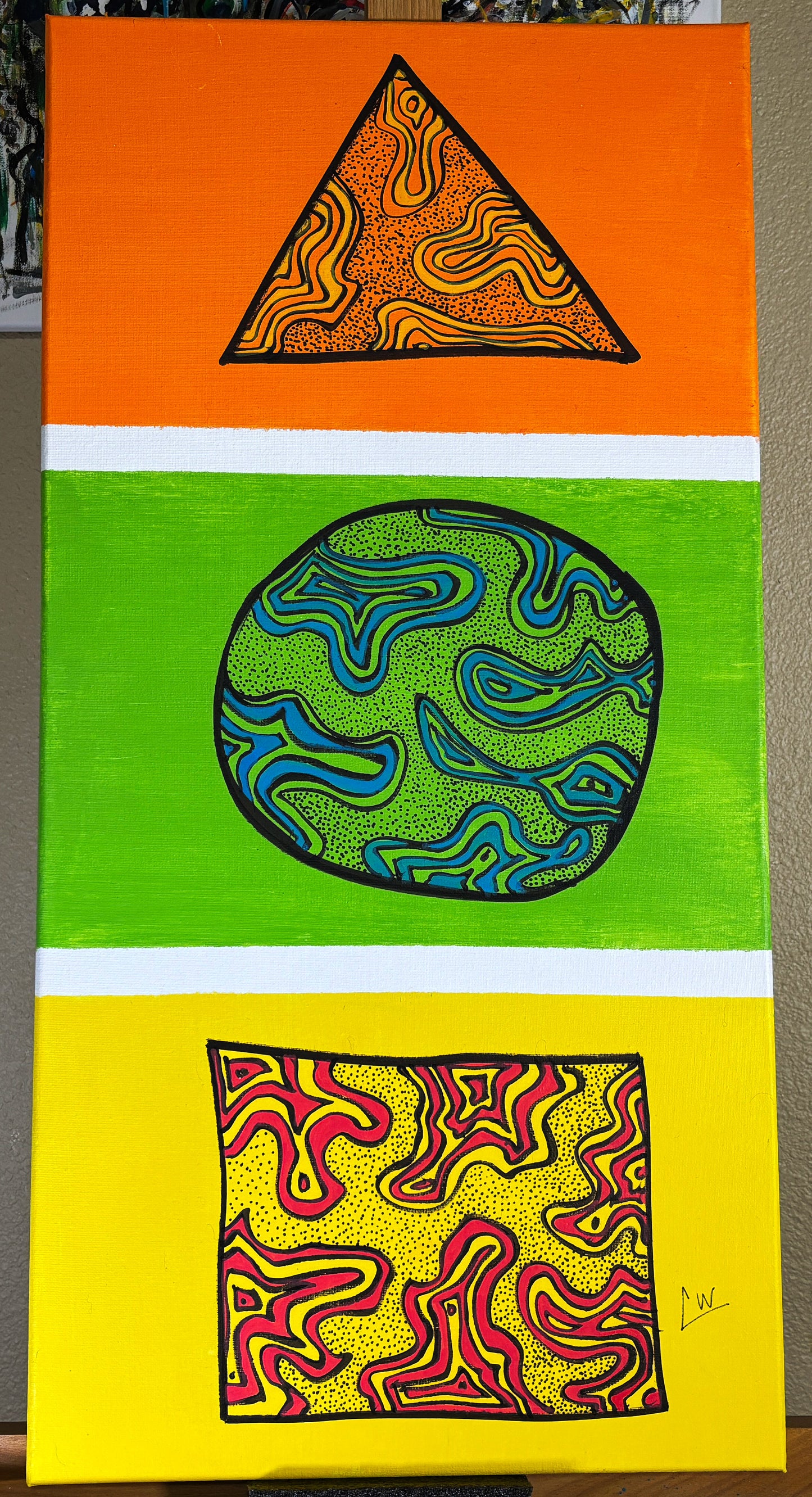 "Triptych of Transformation" - 15" x 30" Acrylic and ink on canvas.